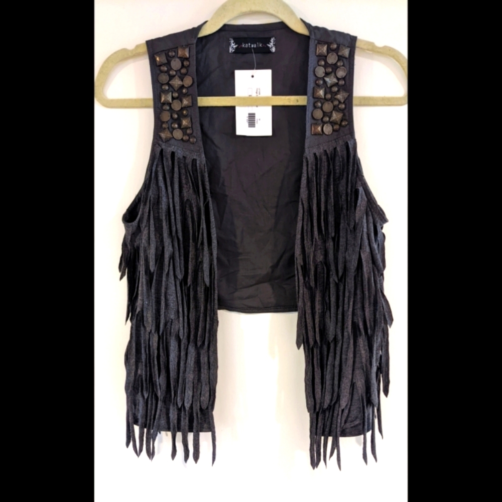 NWT Katwalk Grey Fringe Bronze Studded Vest - M